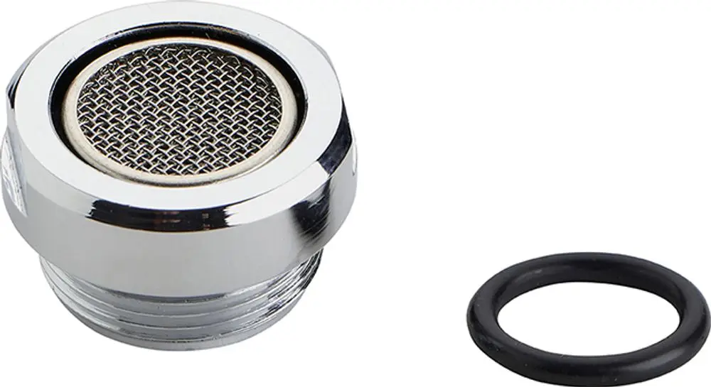 Luftsprudler von Ideal Standard mit metallischem Finish und feinem Gitter, zusammen mit einer schwarzen Dichtungsring. Ideal für Wasserinstallationen.